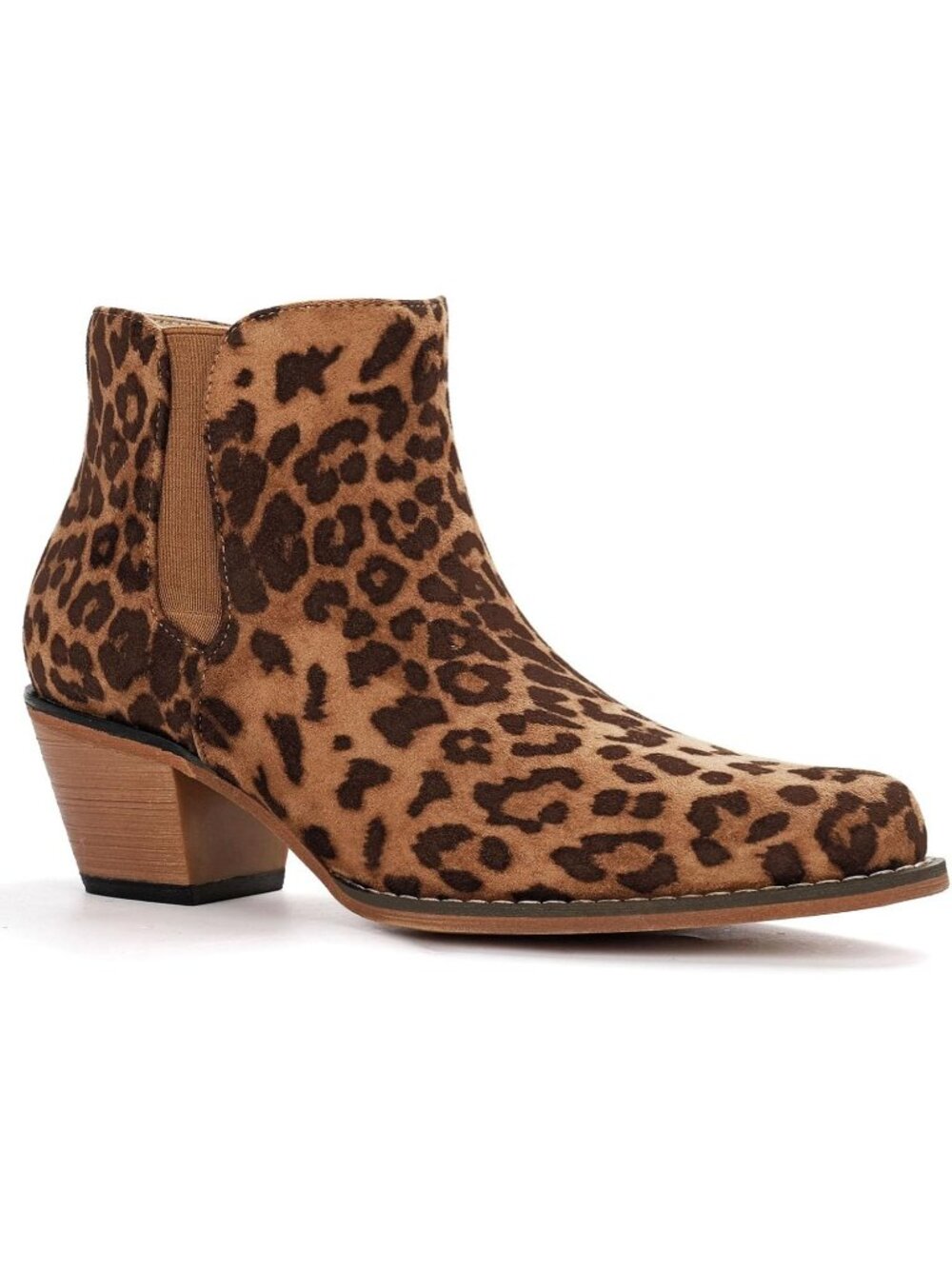 Women's Cheetah Suede Faux Leather Cowboy Ankle Boots Snip Toe Chunky Heels